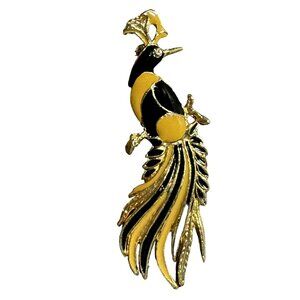 Peacock Enamel Bird Brooch Pin Gold & Black Enamel With Rhinestone Eye
